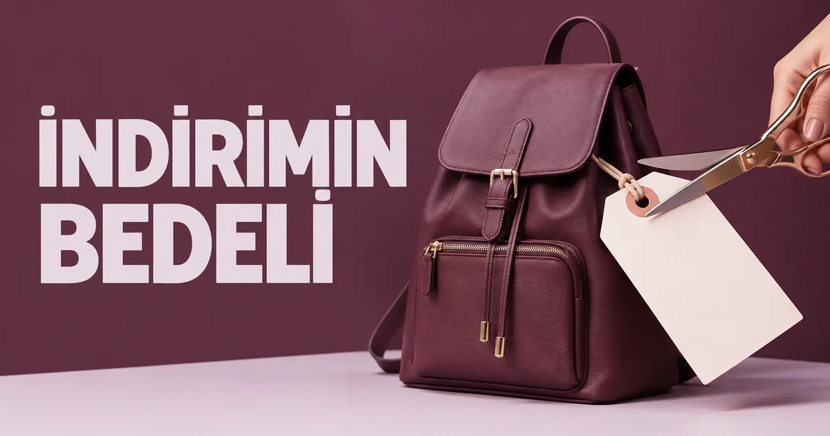 İndirimin bedeli başlıklı kapak: sırt çantası, fiyat etiketi ve makas
