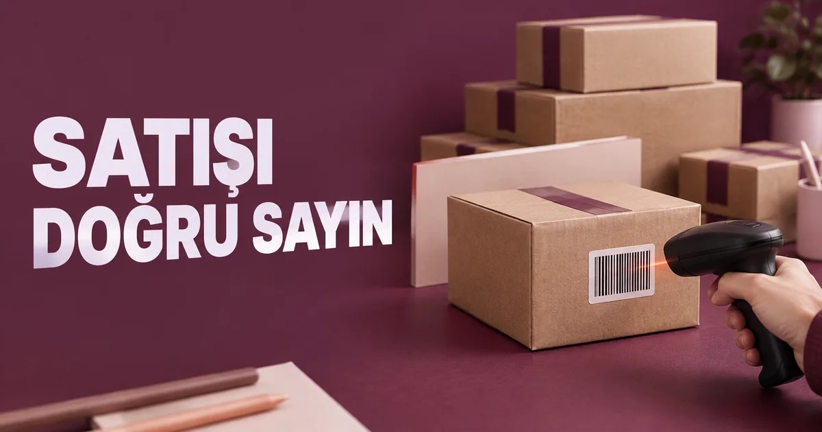 Satışı doğru sayın başlıklı kapak: paketler ve barkod okuyucu
